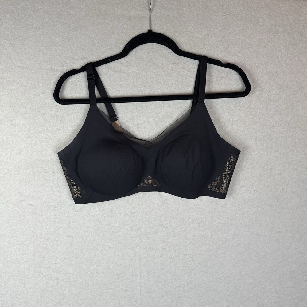 Honeylove Crossover V-Neck Wire-Free Bra Black‎ Mesh Trim Size XL